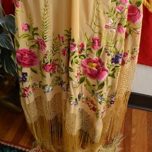 Vintage Large Floral Embroidery Fringe Piano Shawl